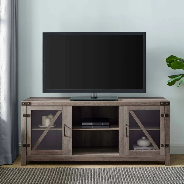 Walker Edison 58x22 Glass Barn Door Farmhouse TV Stand Console - Grey Wash