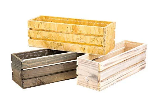 Wood Planter Box with Wine Crate Styled, 12x4 inch Rectangular, Rustic Barn Wood, Plastic Liner, Garden Centerpiece Display, Wed
