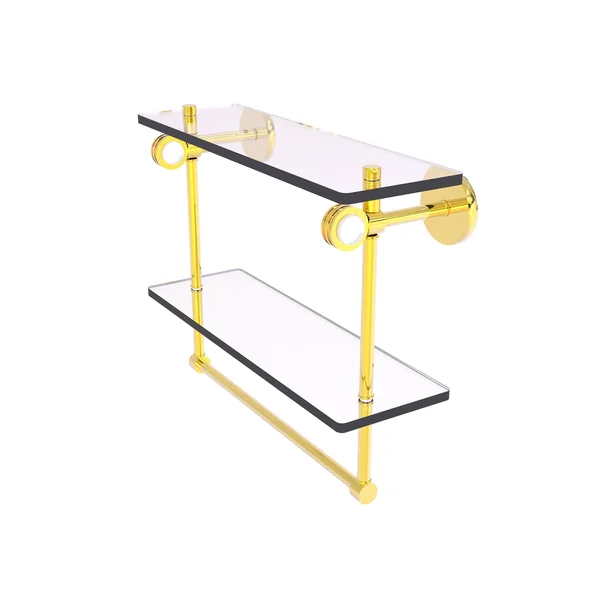 Clearview Collection Double Glass Vanity Shelf with Integrated Towel Bar with Dotted Accents - Polished Brass, 16 inch