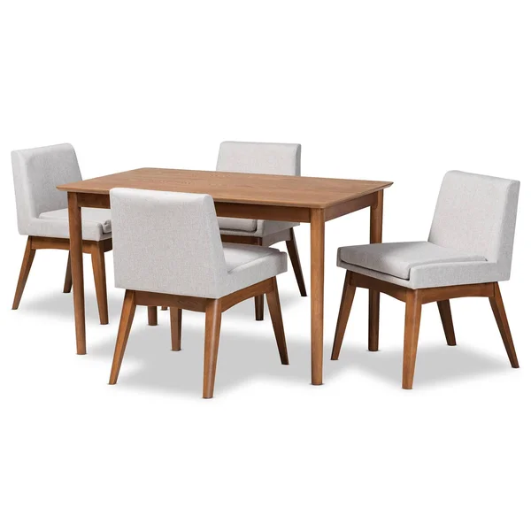 Baxton Studio Nexus Mid-Century Modern Fabric Upholstered and Finished Wood 5-Piece Dining Set Greyish Beige & Walnut Brown
