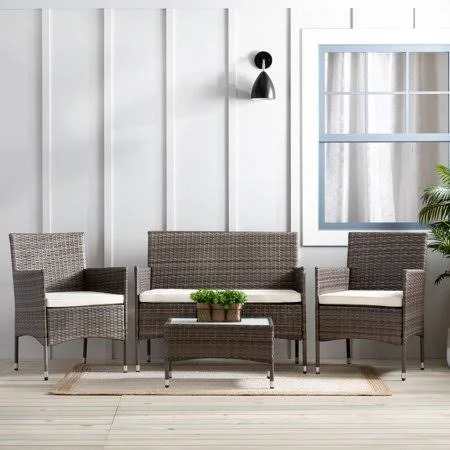 Mayview 4-Piece Rattan Outdoor Patio Conversation Set, White & Gray