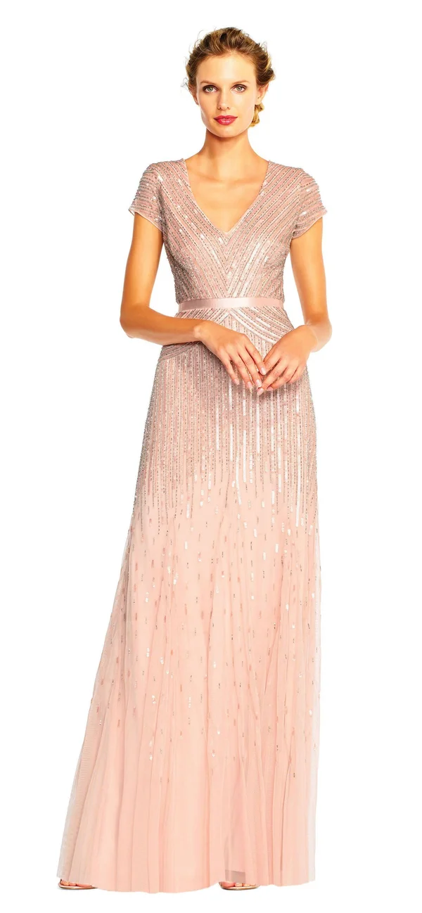 Adrianna Papell Beaded V-Neck Gown - Blush, Size: 14