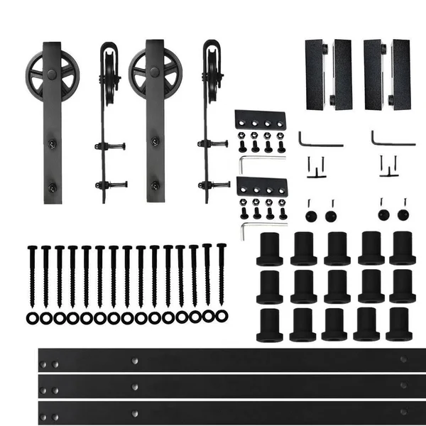 Homacer 18 ft./216 in. Black Rustic Non-Bypass Sliding Barn Door Hardware Kit Spoke Wheel Design Roller for Double Doors, Black