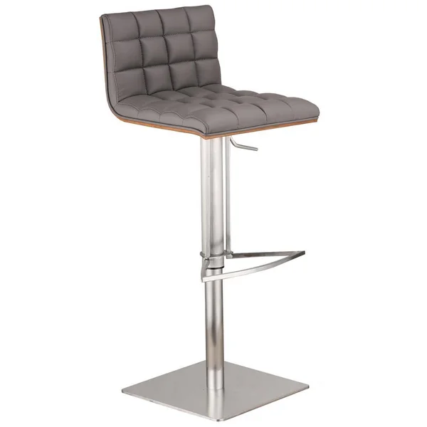 Armen Living Doug Adjustable Brushed Stainless Steel Bar Stool in Gray Faux Leather with Walnut BACK - Gray/Brushed Stainless Ste