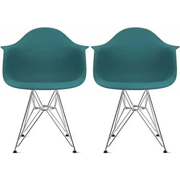 2xhome Designer Molded Plastic Arm Chairs with Back Wire Eiffel Matte Office Retro Pyramid Dining Room Bedroom Work - Teal