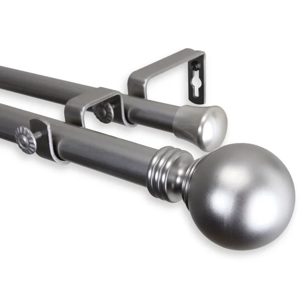 Rod Desyne Home Decorative Globe Double Curtain Rod - Satin Nickel, 48x22 - 84x22