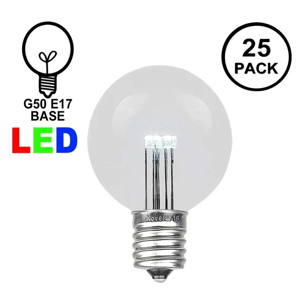Novelty Lights 25 Pack LED G50 Outdoor Patio Globe Replacement Bulbs - Pure White, E17/c9 Base, 1 Watt