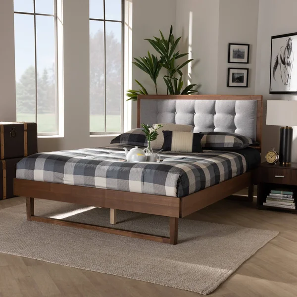 Baxton Studio Viviana Modern and Contemporary Light Gray Fabric Upholstered and Ash Walnut Finished Wood King Size Platform Bed
