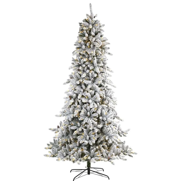 Nearly Natural 9ft. Flocked Livingston Fir Artificial Christmas Tree with Pine Cones and 650 Clear Warm LED Lights
