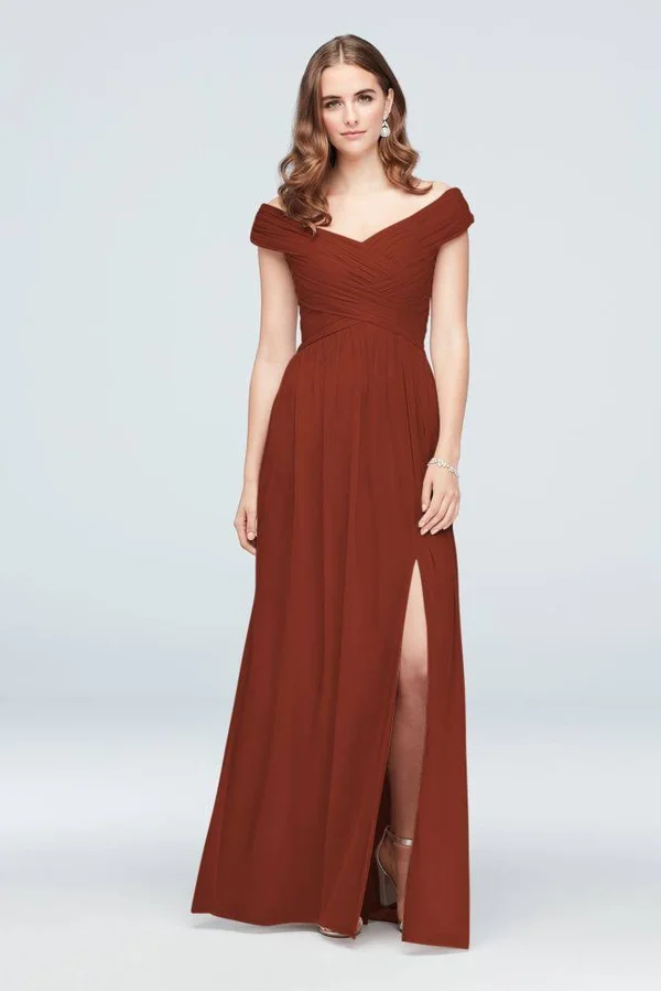 David&s Bridal Crisscross Off-The-Shoulder Mesh Bridesmaid Dress - Cinnamon (Brown) - 8