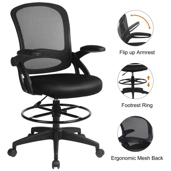 Comhoma Drafting Chair Mid Back Mesh Office Chair with Flip Up Armrests, Black
