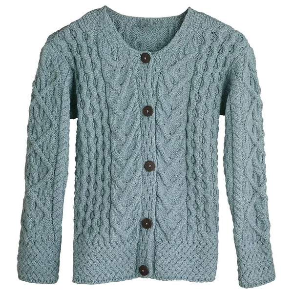 Aran Woollen Mills Women's Button Down Sweater - Aileen Aran Cardigan, Blue