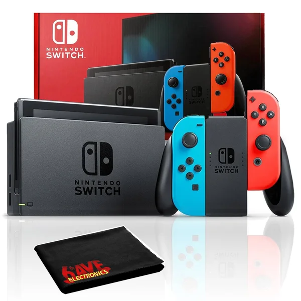 Nintendo Switch with Neon Blue/Red JoyCons Bundle Includes Extra Warranty, Black