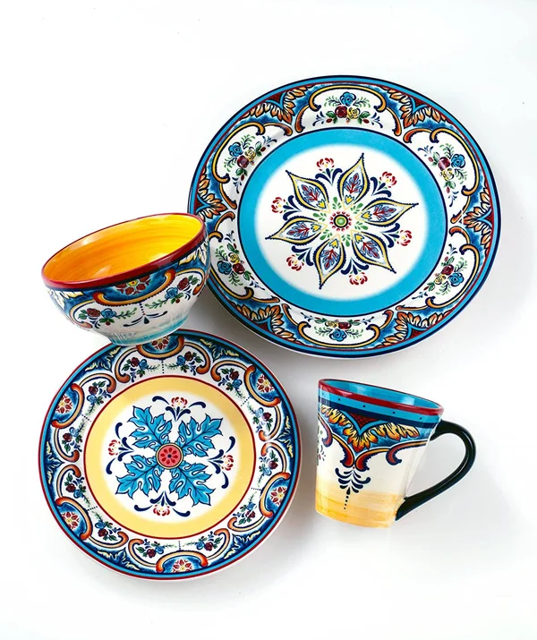 Euro Ceramica Inc. ys-zb-1001 Zanzibar Collection Vibrant Ceramic Earthenware Dinnerware Set - 16 Piece, spanish/mexican Floral D