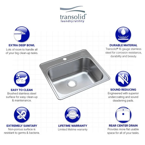 Transolid MTSB252212-4 Meridian 25-in x 22-in x 12-in Laundry/Utility Sink with 4-Hole, Brushed Stainless Steel