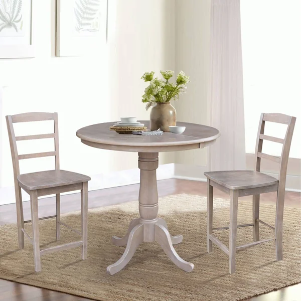 International Concepts 36x22 Round Extension Dining Table 34.9x22H with 2 Madrid Counter Height Stools - Washed Gray Taupe