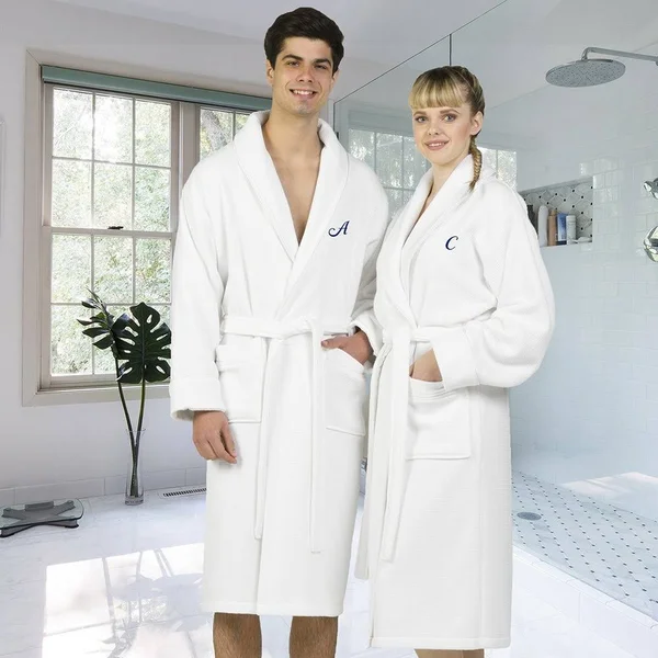 Linum Home Textiles Hotel Turkish Cotton Waffle Terry Bathrobe with Satin Piped Trim - Personalized - White, Women's, Size: Larg