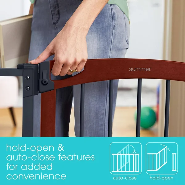 Summer Essex Craft Safety Baby Gate, Solid Wood Cherry Stain Arched Doorway with Charcoal Gray Metal Frame – 30” Tall, Fits open