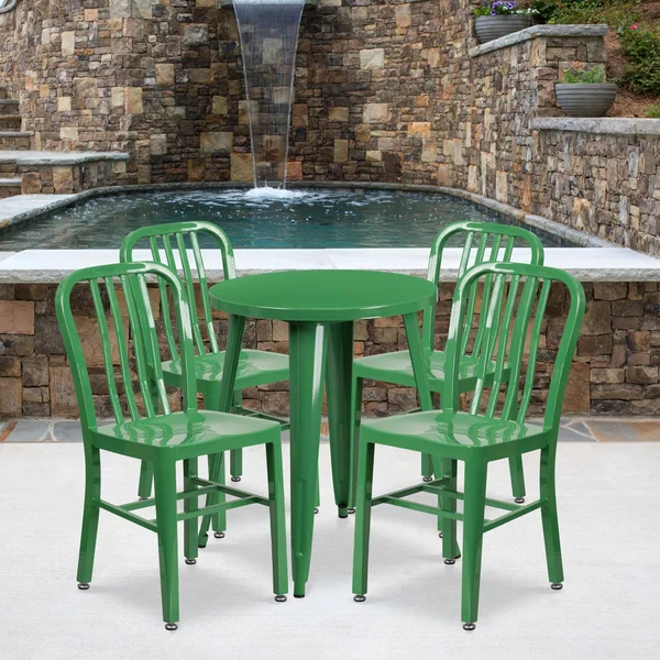 Round Green Metal Indoor-Outdoor Table Set with 4 Vertical Slat Back Chairs