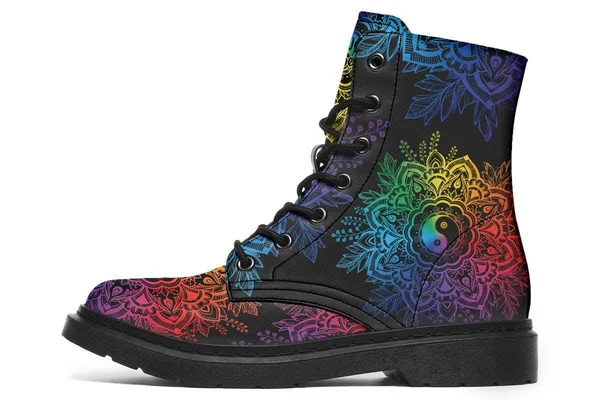 Colorful Yin Yang Boots - Black Mandala Vegan Boots, YesWeVibe Men's Boots, Black Sole, US 12, EU46