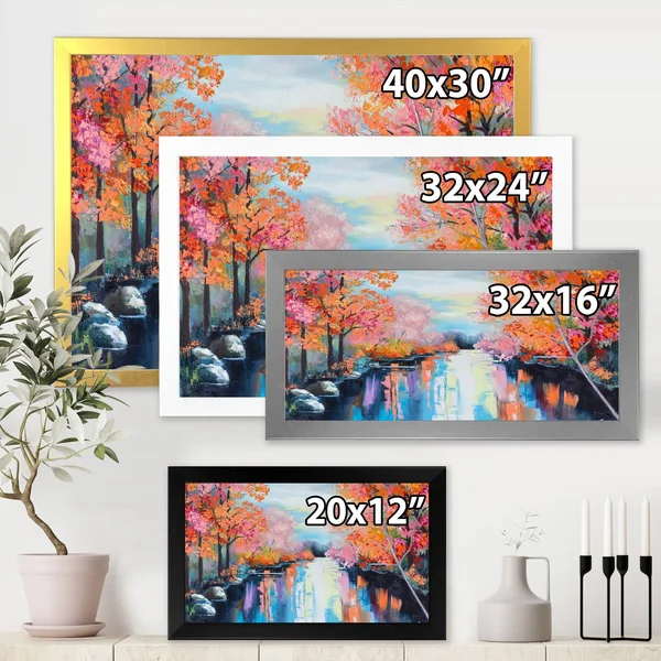Designart 'Orange Autumn Forest by The River' Lake House Framed Art Print - 32 in. Wide x 16 in. High - White