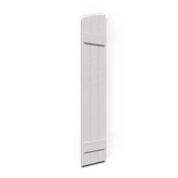 16 1/8x22W x 42x22H (36 1/2x22 Low Side) Rustic Three Board Joined Board-n-Batten Faux Wood Shutters w/Elliptical Arch Top (Per