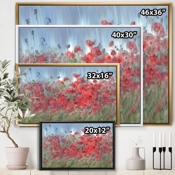Designart 'Red Poppies in The Rain' Farmhouse Framed Canvas Wall Art Print - 32 in. Wide x 24 in. High - White