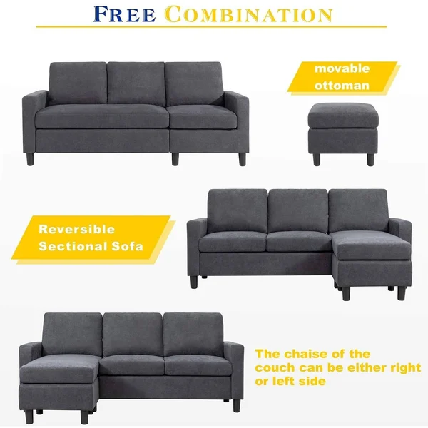Futzca Convertible Sectional Sofa Couch with Reversible Chaise, Modern Linen Fabric L-Shaped Couch for Small Space - Ash