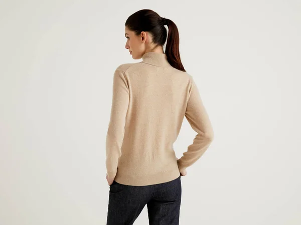Benetton, Beige Turtleneck Sweater in Pure Merino Wool Customizable, Size M, Beige, Women