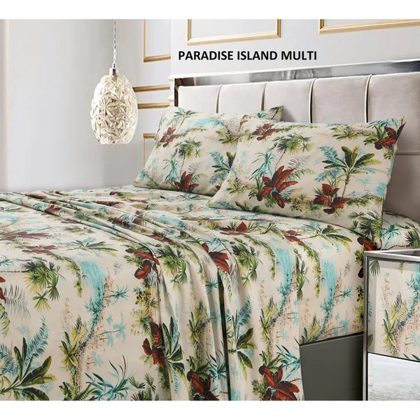 Tribeca Living Paradise Island Printed 300 TC Cotton Sateen Extra Deep Pocket Sheet Set - Size: Full