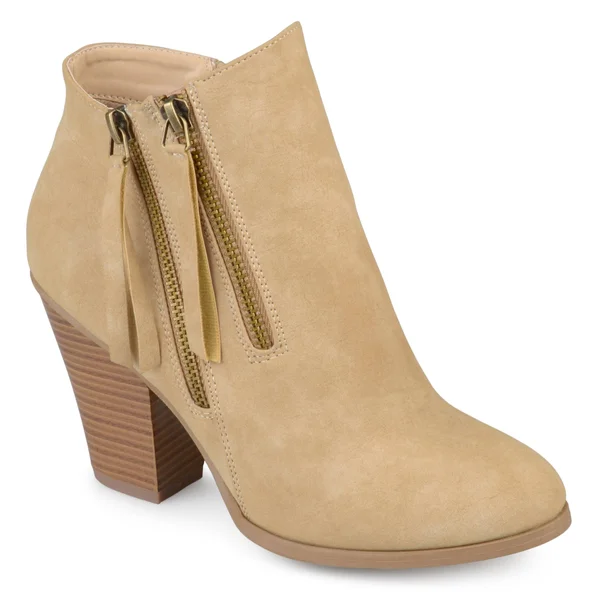 Brinley Co. Women's Faux Suede Stacked Wood Heel Double Zipper Booties, Size: 8.5, Beige