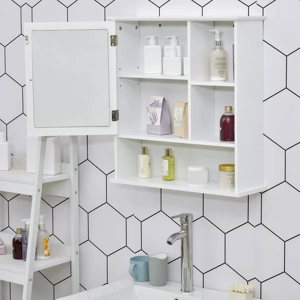 Kleankin Bathroom Cabinet Wall Mount Storage Organizer with Mirror Adjustable Shelf Wood Medicine Cabinet White