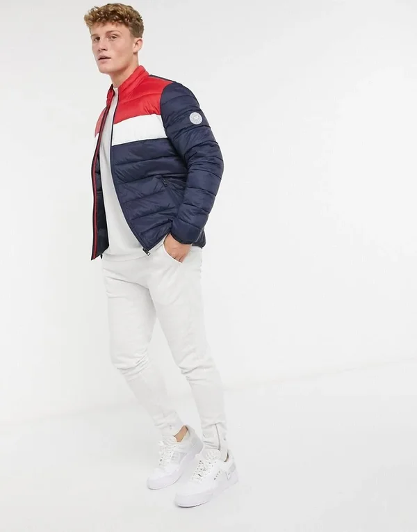 Jack & Jones Essentials Puffer Jacket with Collar in Navy Red & White