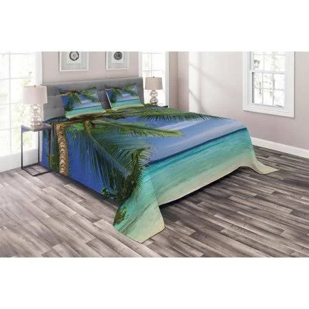 Ambesonne Ocean Coverlet Set - Tropical Paradise View at Maldives with Palms Clear Blue Sky Seashore Picture, Decorative Quilted