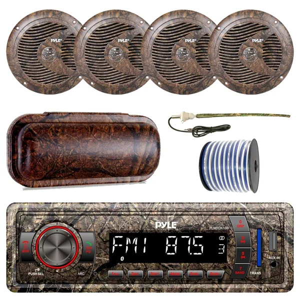 Pyle Marine Single-DIN Bluetooth MP3 USB AUX Camo Am/fm Radio - 4X Pyle 6.5&& Waterproof Camo Speakers, Stereo Shield COVER, Enro