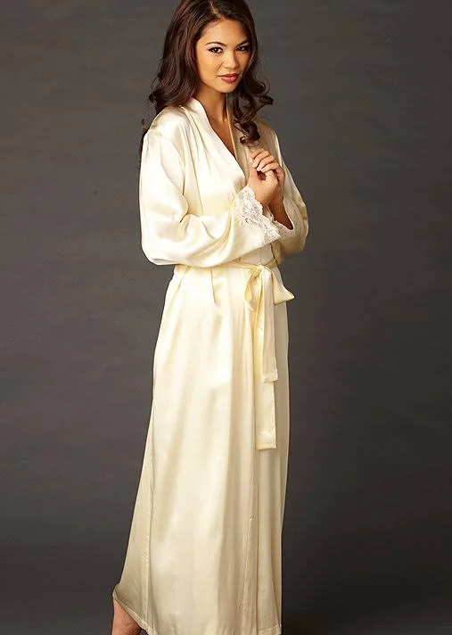 Julianna Rae - Indulgence Silk Robe, Pearl, XS, Luxury Long Silk Robe for Women, Calais Lace Cuffs, Side Pockets, Julianna Rae