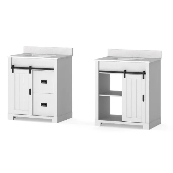 Glacier Bay Brindley 30 in. W x 21 in. D Barn Door Bath Vanity in White with Engineered Carrera Vanity Top in White with White B