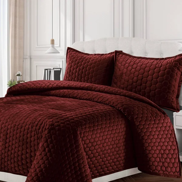 Tribeca Living Lugano Honeycomb Velvet Oversized Quilt Set, Red, Queen