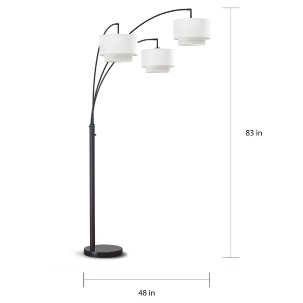 HOMEGLAM Broadway 3-Light 4-Way Switch Arch Floor Lamp Brushed Nickel/White Shades Nickel Brushed, Silver