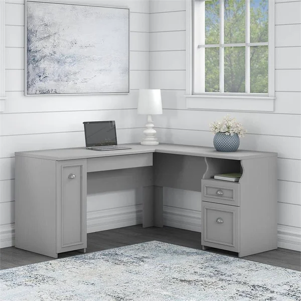 Scranton & Co Furniture Fairview 60W L Shaped Desk with Storage in Cape Cod Gray