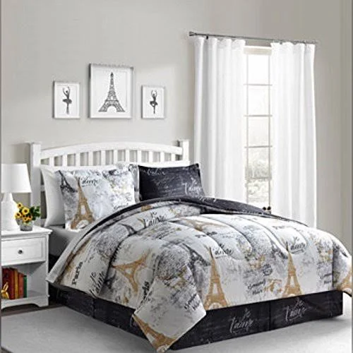 Bon Jour Paris, Eiffel Tower, Black & White Reversible Cal King Comforter Set (8 Piece Bed in A Bag)