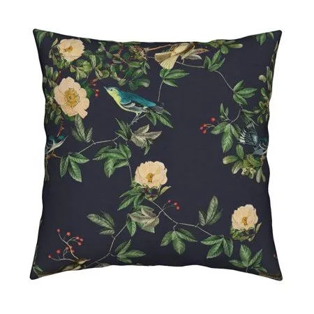 Vintage Rose Birds Blue Green Throw Pillow Cover W Optional Insert by Roostery, Size: 18 x 18 Cu003EOnly