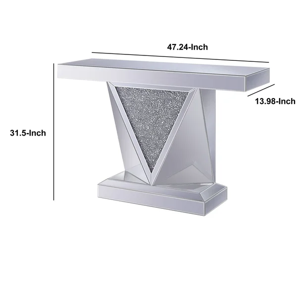 Benzara Wood and Mirror Console Table with Faux Crystals Inlay, Clear