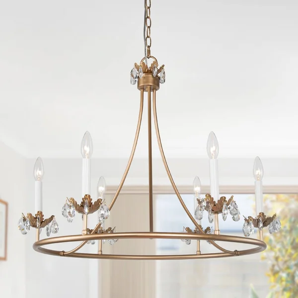 Modern Glam 6-Light Gold Wagon Wheel Crystal Chandelier - D 29.5x22 x H 22