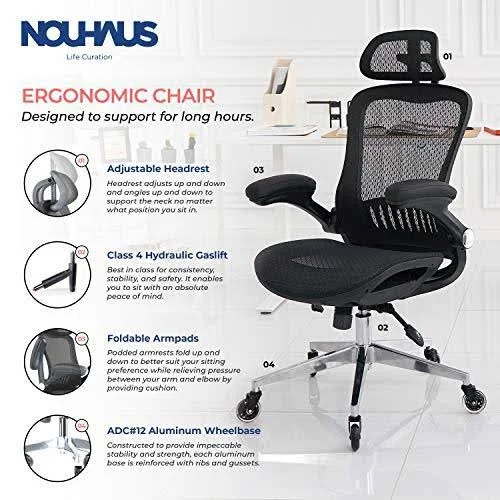 NOUHAUS ErgoFlip Mesh Computer Chair - Grey Rolling Desk Chair with Retractable Armrest and Blade Wheels Ergonomic Office Chair