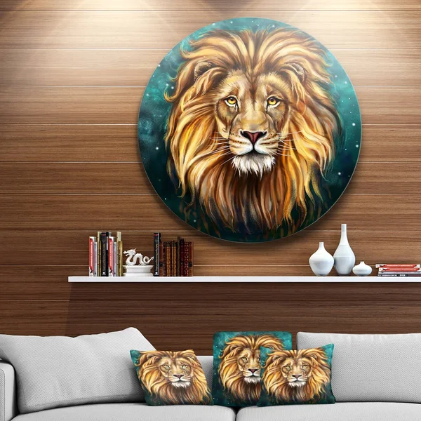 Designart 'Lion Head in Blue' Animal Glossy Large Disk Metal Wall Art