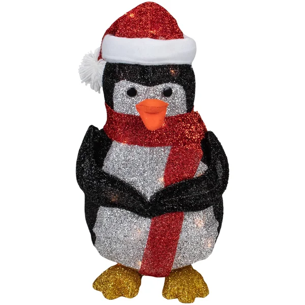 Northlight 19.5x22 Lighted Tinsel Penguin with Santa Hat Christmas Yard Art Decoration