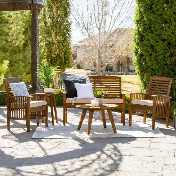 Welwick Designs Dark Brown 5 Piece Acacia Wood Patio Conversation Set with Ivory Cushions