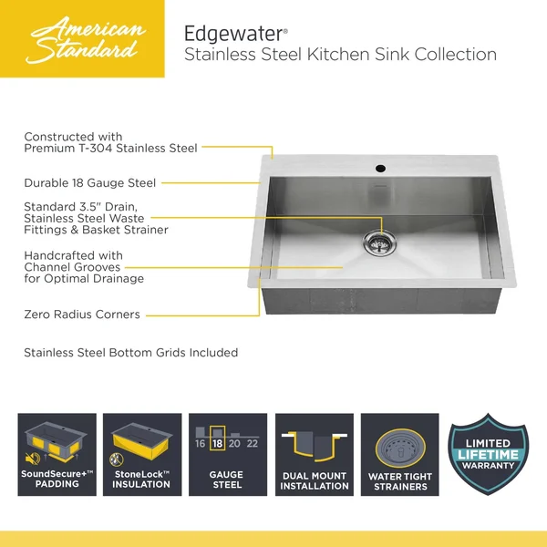 American Standard 18SB.9252211.075 Edgewater Kitchen Sink Stainless Steel