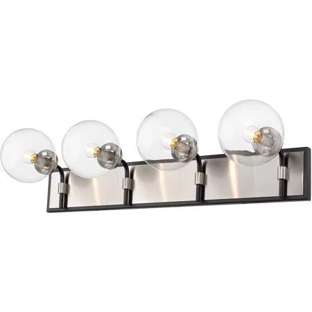 Matte Black and Brushed Nickel Tone Finish Bathroom Vanity 33 inch Wide Clear Glass Shade Steel Material Candelabra 4 Light Fixt
